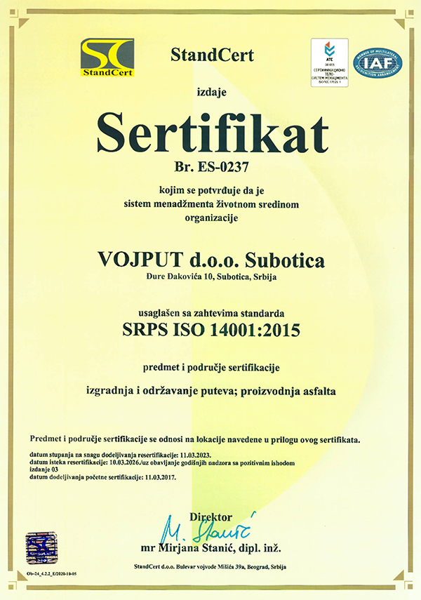 Sertifikat SRPS ISO 14001:2015